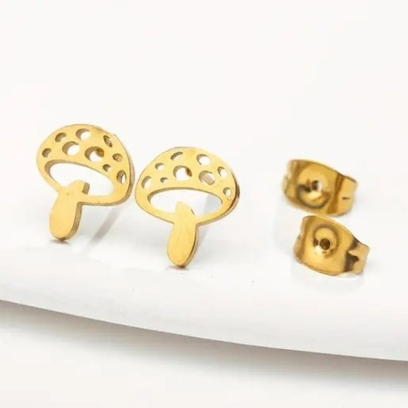 Gold Mushroom Earrings Gold Tone Stainless‎ Steel Funky Cute Stud Earrings Steel - Picture 3 of 6
